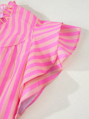 Pink and peach striped blouse with ruffled neckline and flutter cap sleeves.