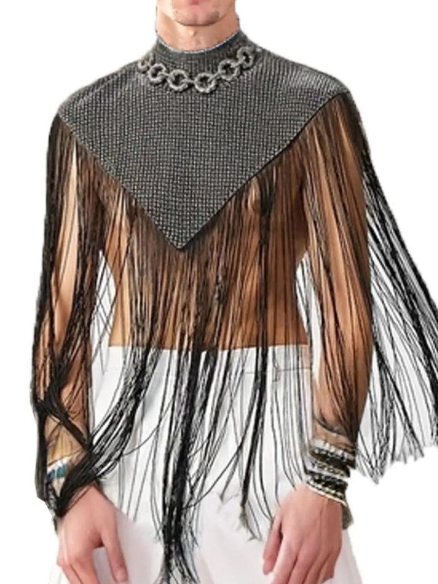 Black fringe overlay top with embellished chain collar and sheer sleeves.
