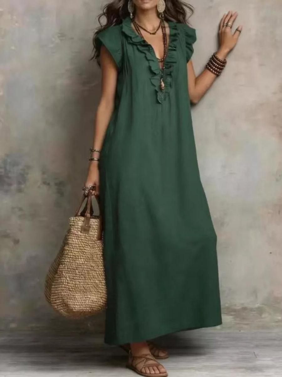 Dark Gray Bohemian Ruffle Neck Maxi Dress Plus Size