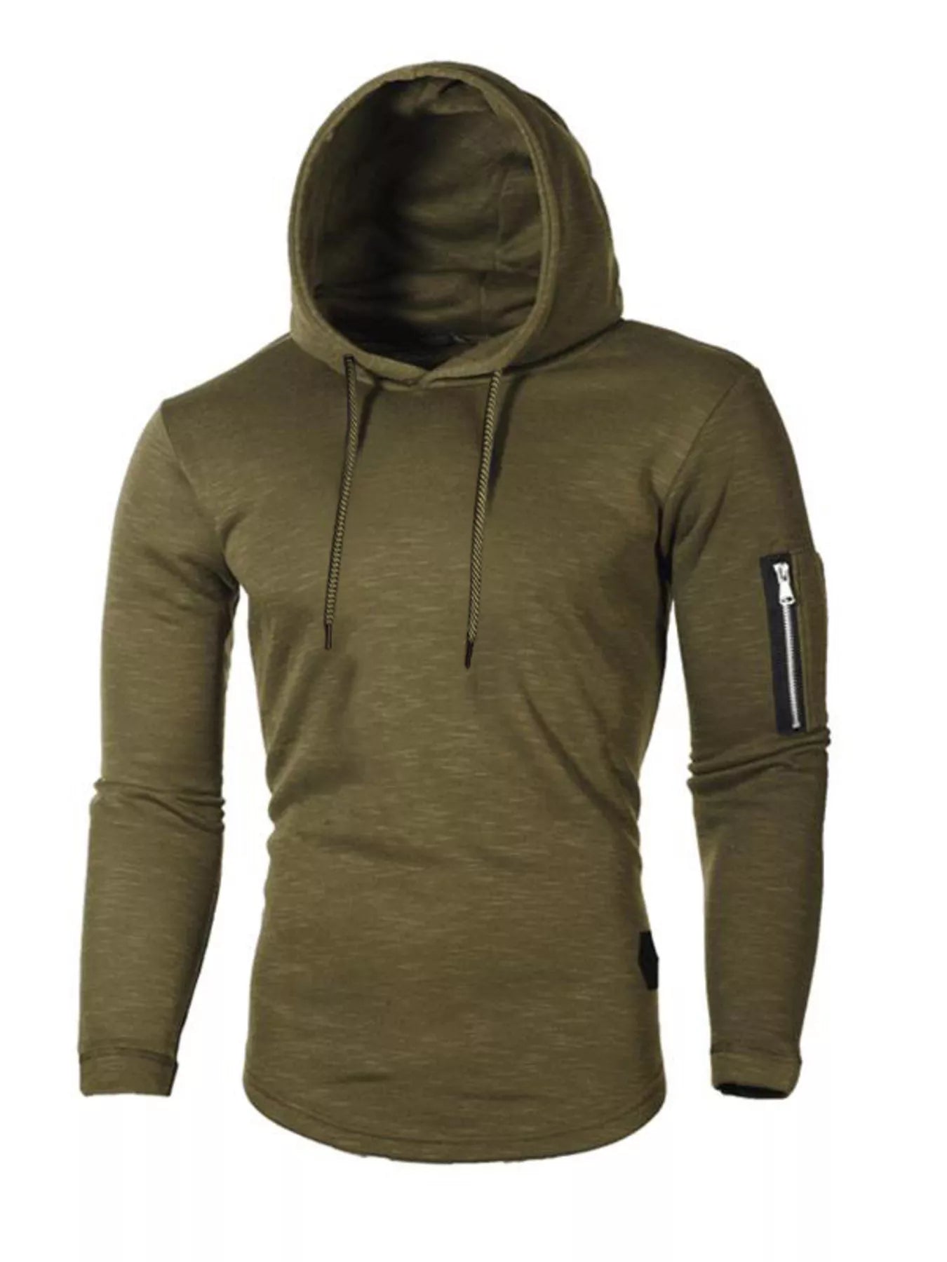 Army green slim fit long-sleeve hoodie with drawstring and zippered sleeve pocket.