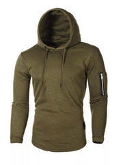 Army green slim fit long-sleeve hoodie with drawstring and zippered sleeve pocket.