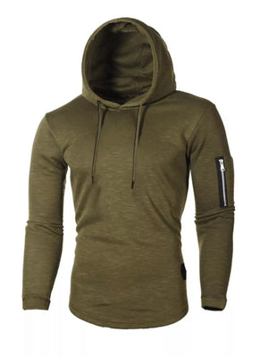 Army green slim fit long-sleeve hoodie with drawstring and zippered sleeve pocket.