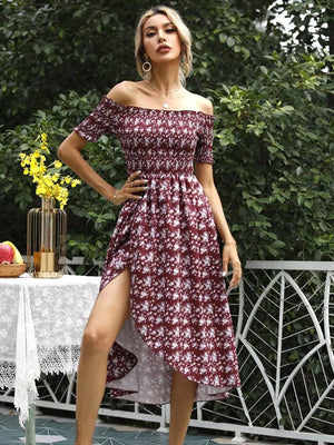 Burgundy floral off-shoulder midi dress with smocked bodice and high slit