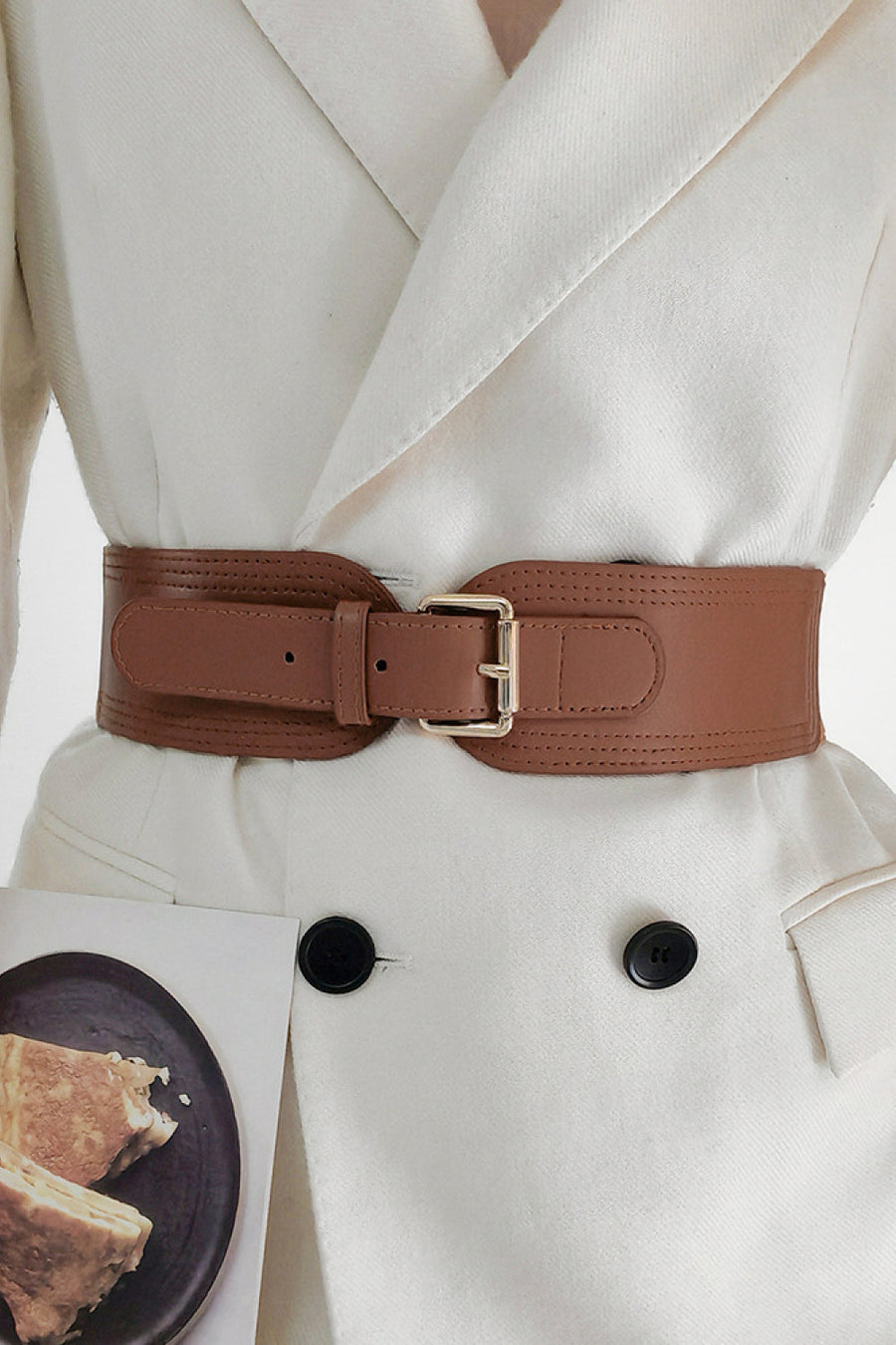 Caramel elasticated waist belt with gold buckle and stitched detail