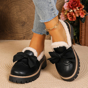 Bow Round Toe Loafers in Black with bow detail
