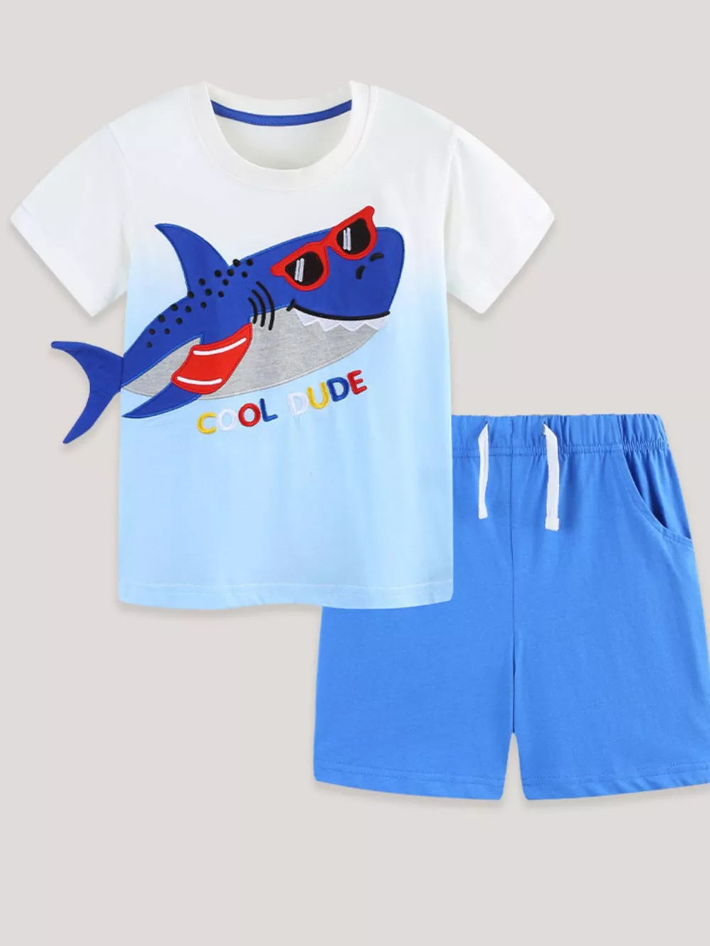 Toddler boys' white ombre tee with shark graphic and blue shorts set