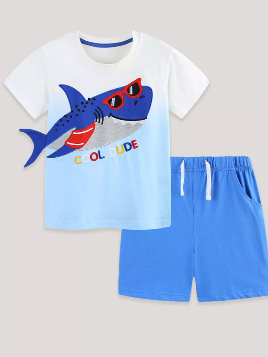 Toddler boys' white ombre tee with shark graphic and blue shorts set