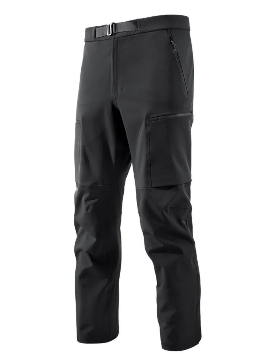 Black cargo sweatpants with zippered pockets and a belt.
