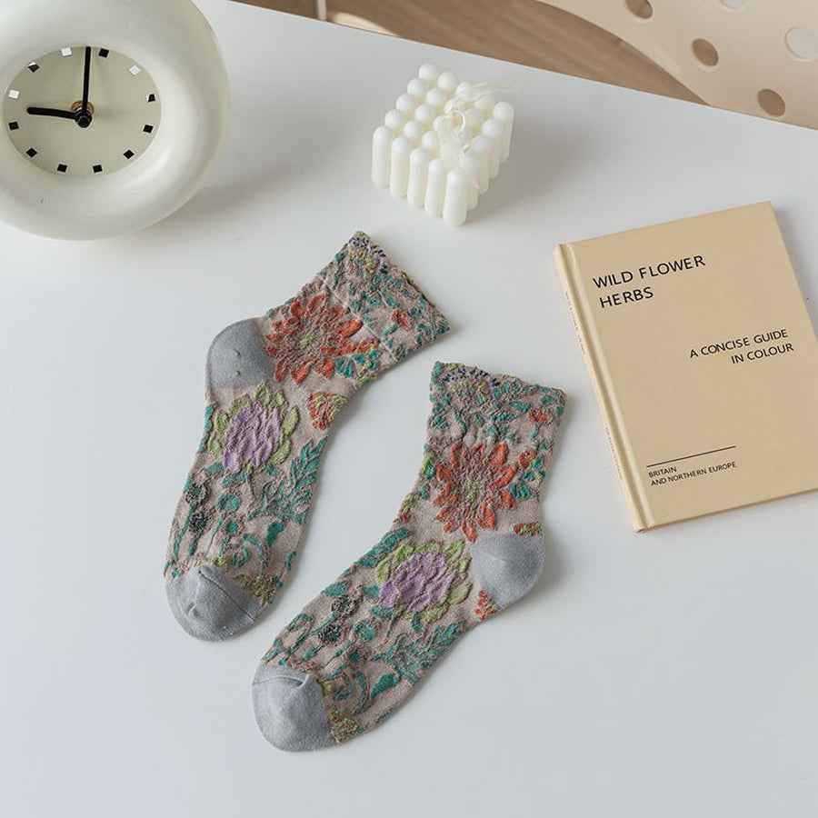 socks in olive green with floral and jacquard knit