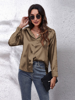 Mocha silken button-down shirt with effortless drape and classic collar.