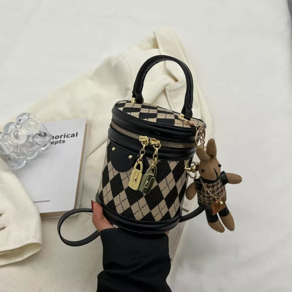 Blush Pink Diamond Pattern Bucket Crossbody Bag