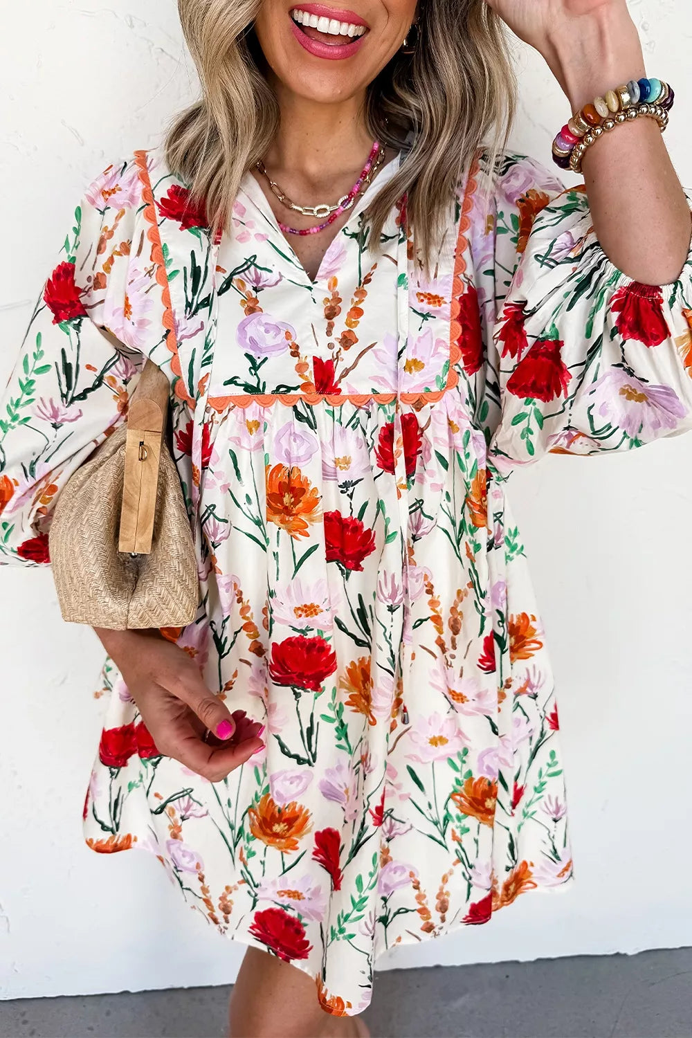 Floral Print 3/4 Puff Sleeve Mini Dress in Floral