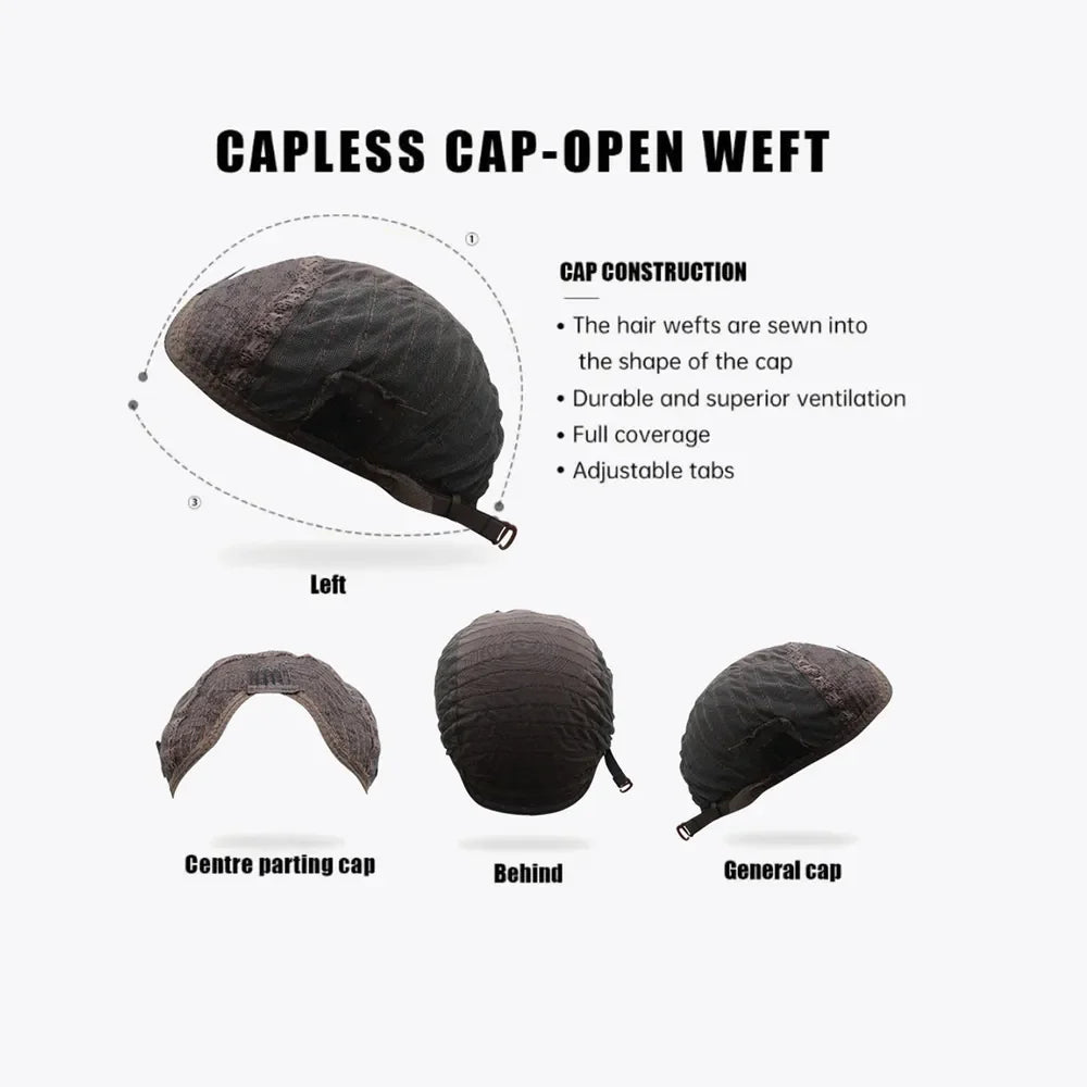 Capless wig construction details showing open weft, adjustable tabs, and cap views.