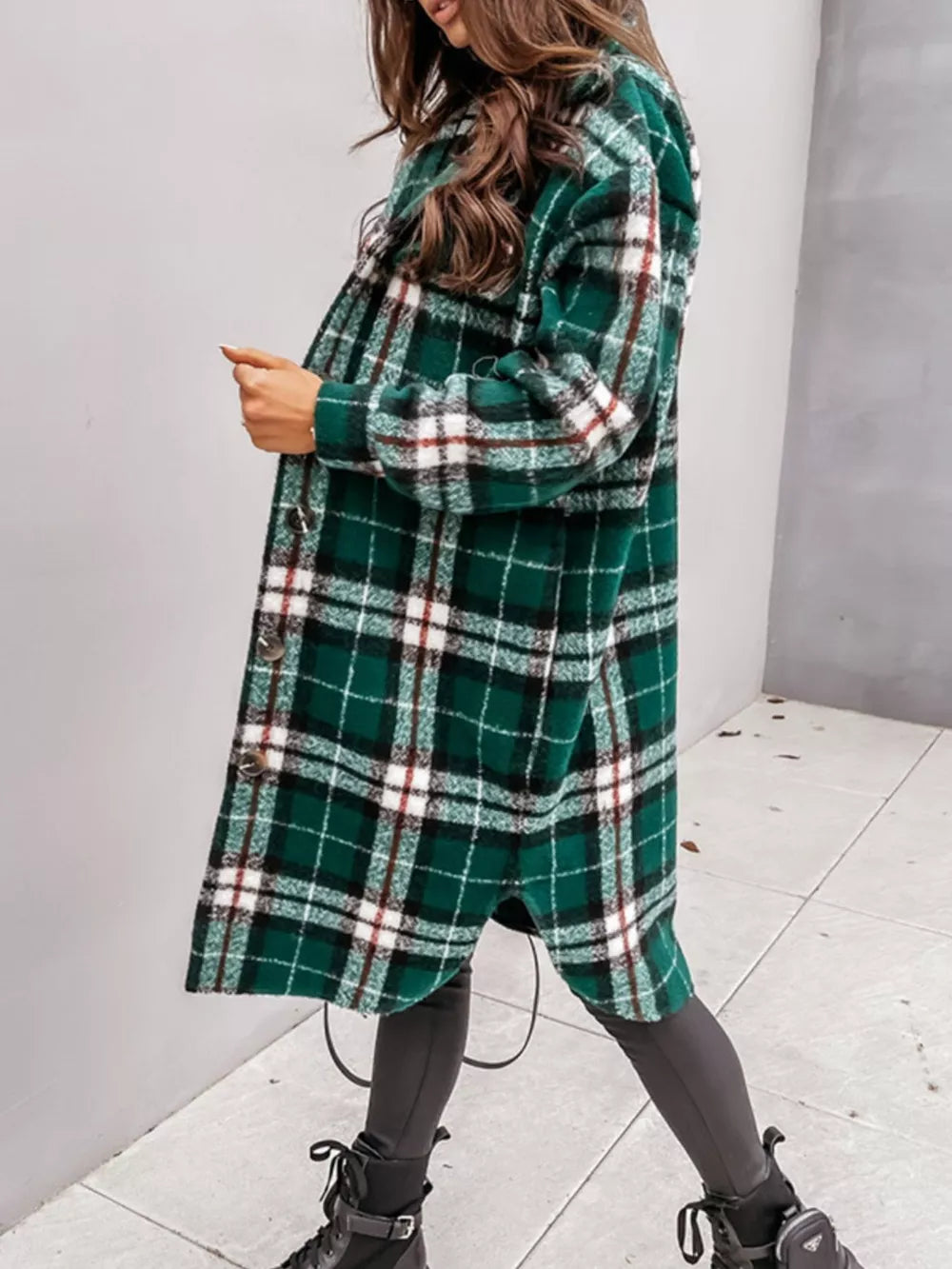 Longline Plaid Button Up Coat in Brown with buttoned