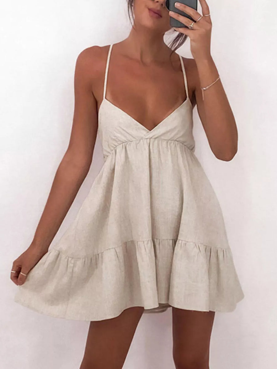 Beige linen cami mini dress with V-neck and tiered ruffle hem