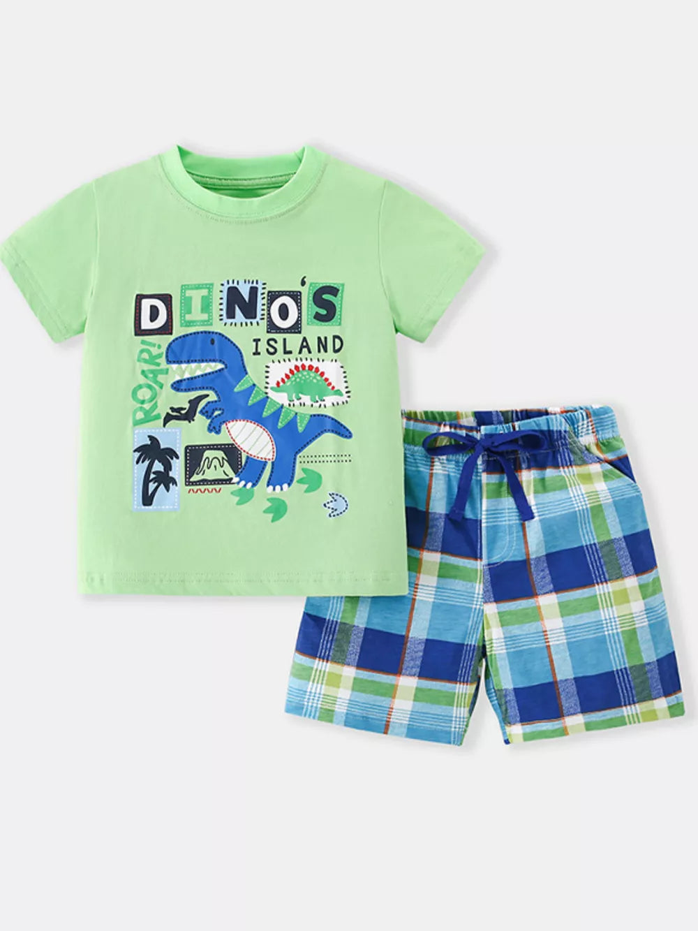 Boys green dinosaur graphic t-shirt and blue plaid shorts set