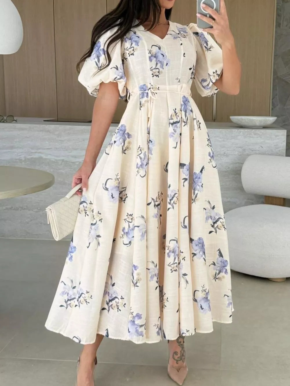 Tan V-neck Midi Dress