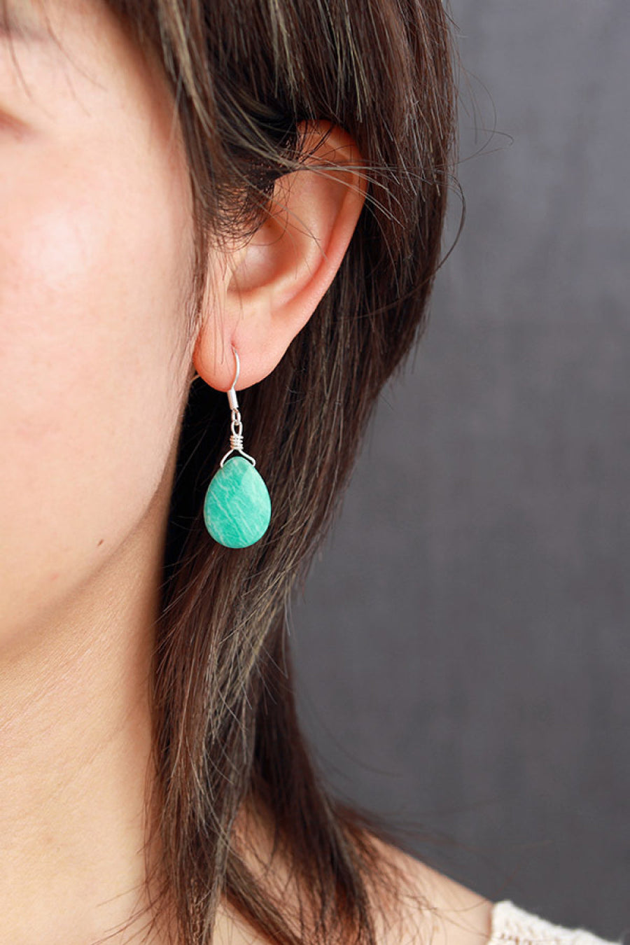 Sky blue amazonite teardrop earrings with 925 silver wire wrap detail.