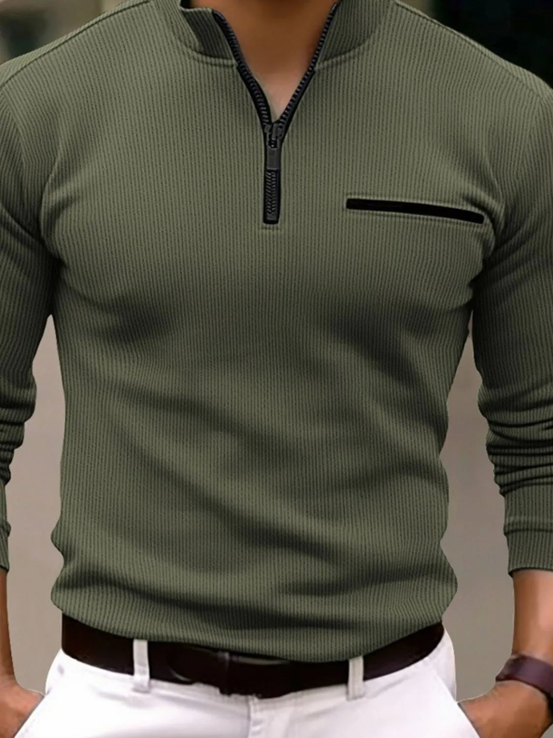Ribbed quarter-zip sweatshirt in Moss with a black zip and chest pocket detail.