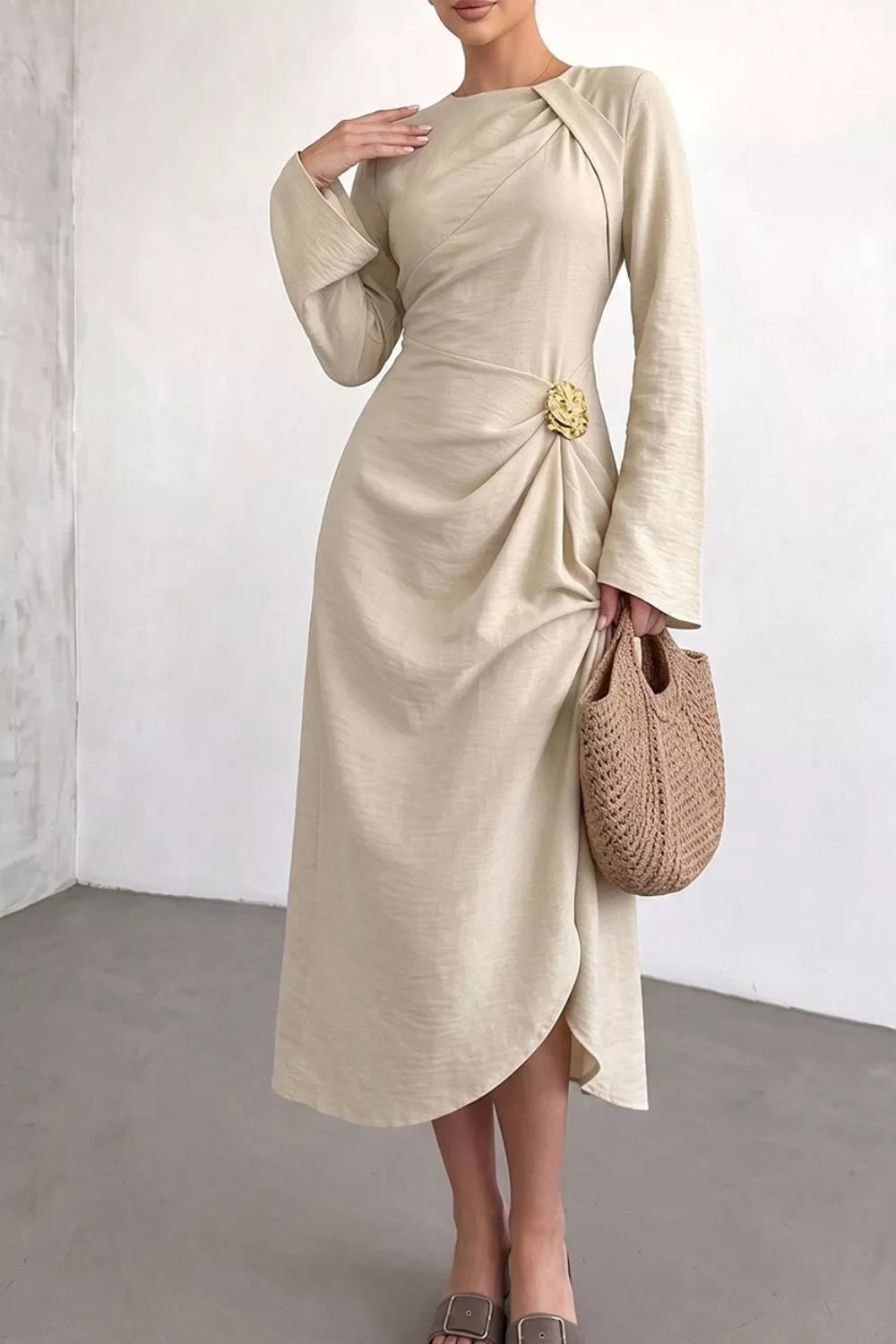 Beige Ruched Long Sleeve Midi Dress
