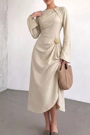 Beige Ruched Long Sleeve Midi Dress