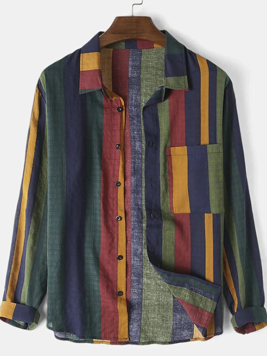 Colorblock stripe linen button-down shirt with chest pocket and spread collar.