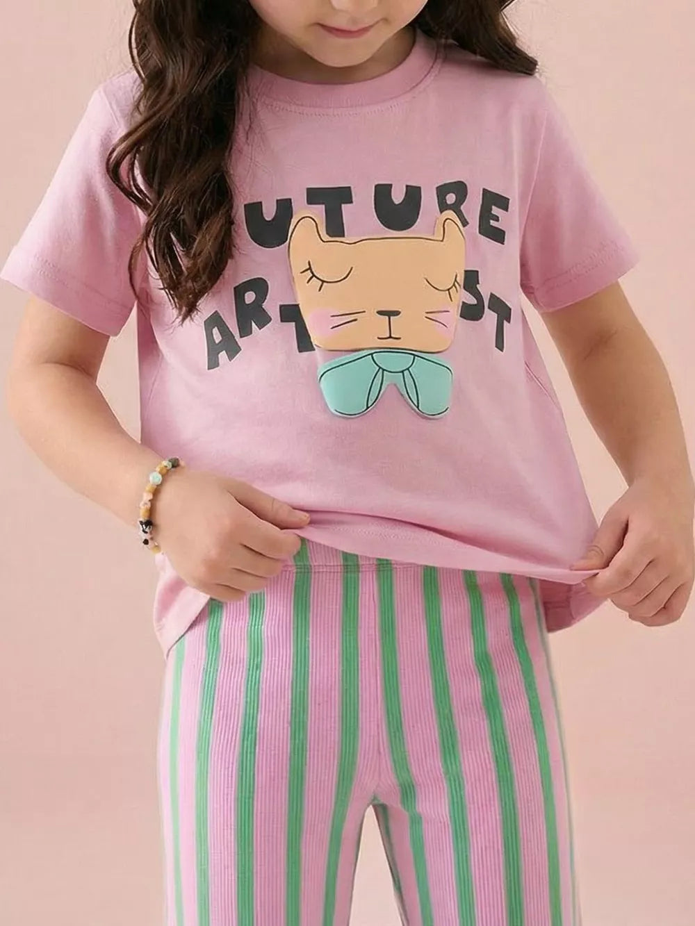 Children's Cat Graphic Round Neck T-shirt
