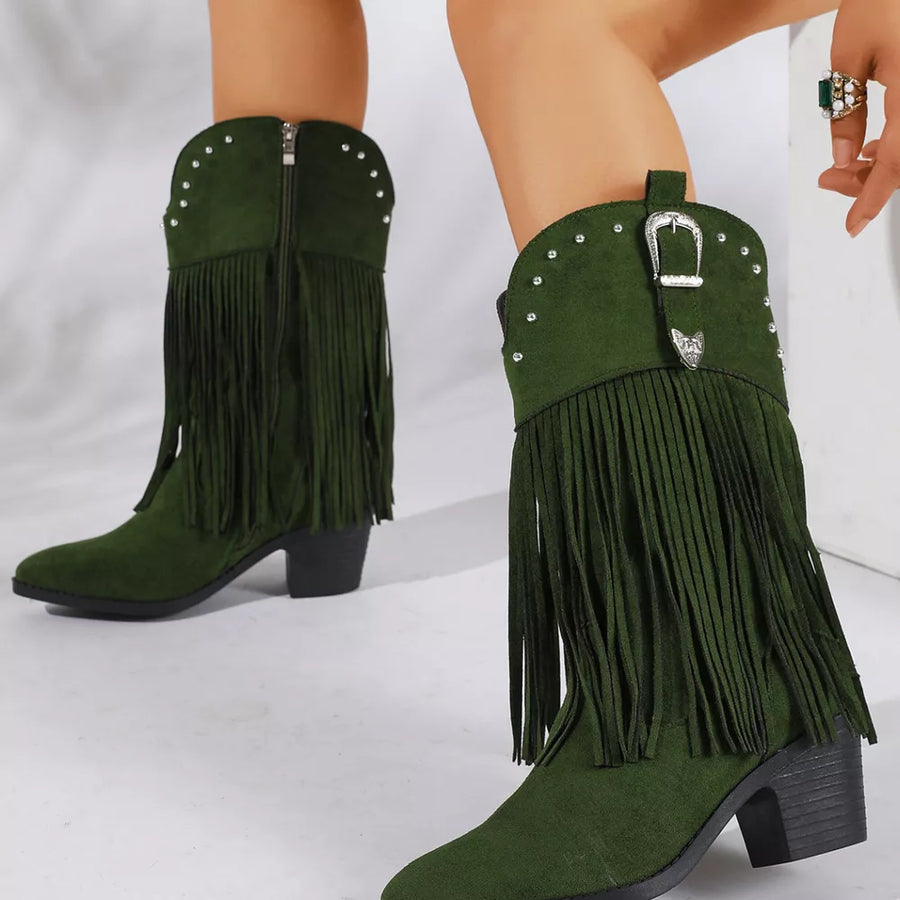 Fringe Round Toe Block Heel Boots in Orange with fringe