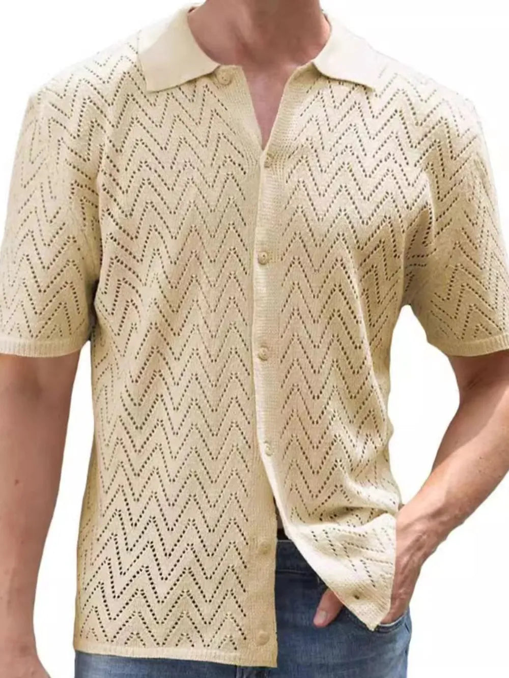 Chevron knit polo shirt in beige with short sleeves and a button-up front.