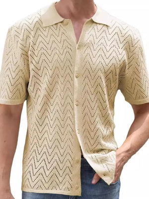 Chevron knit polo shirt in beige with short sleeves and a button-up front.