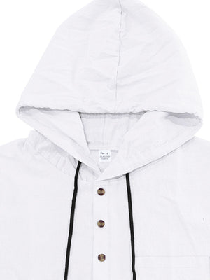 White hooded shirt with drawstring and button front