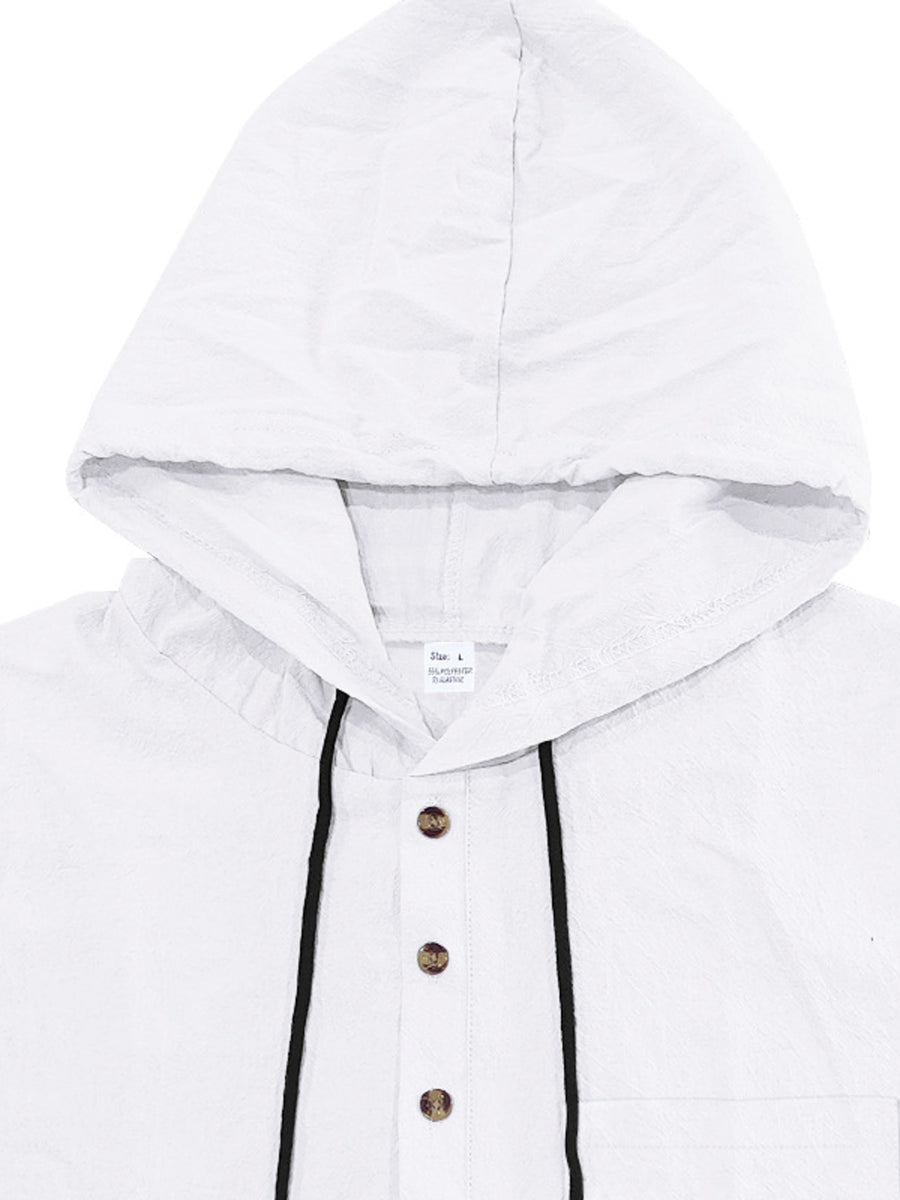 White hooded shirt with drawstring and button front