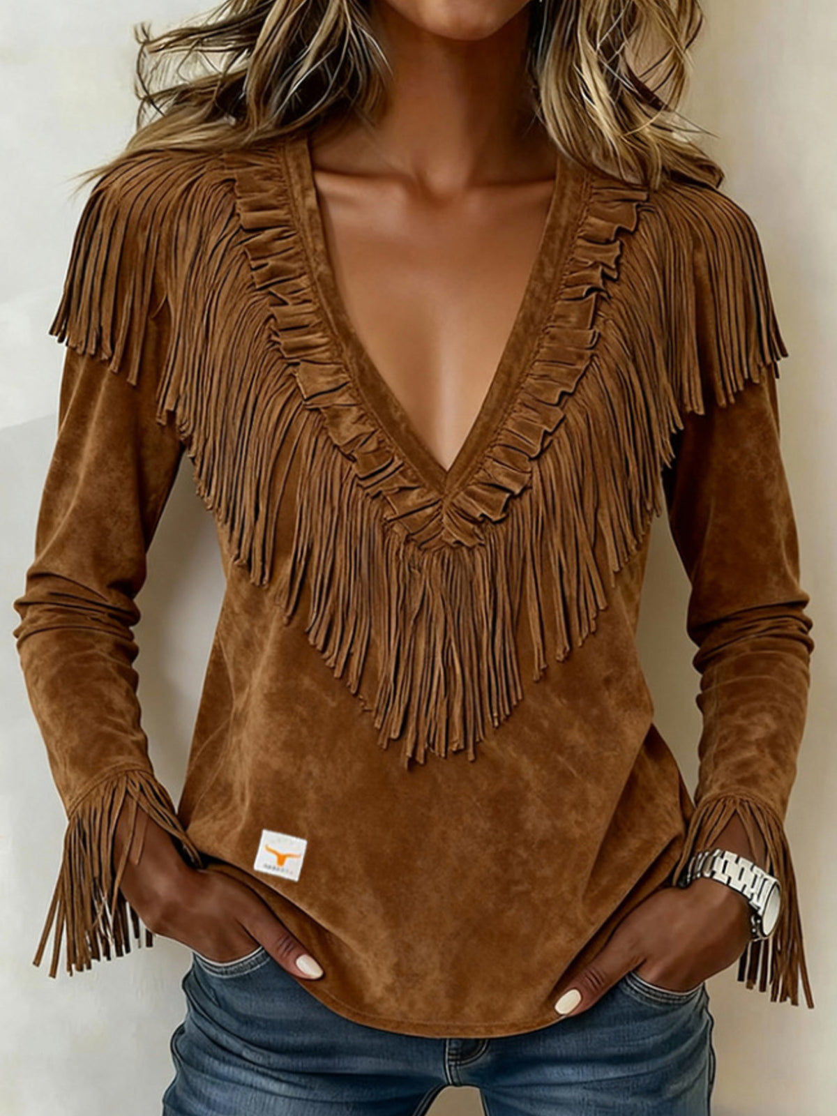 blouse in White with deep v-neck and long sleeve
