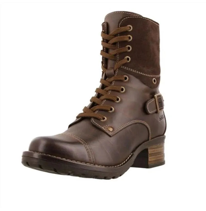 Brown leather combat boot with contrast suede cuff and buckle detail.