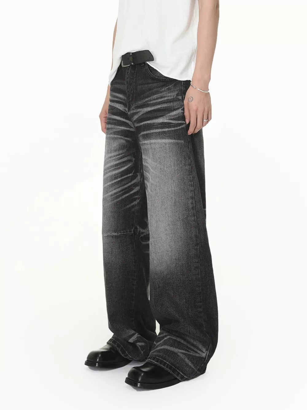 Blue Men S Wide Leg Washed Jeans