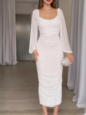 romantic midi dress in White with square neck