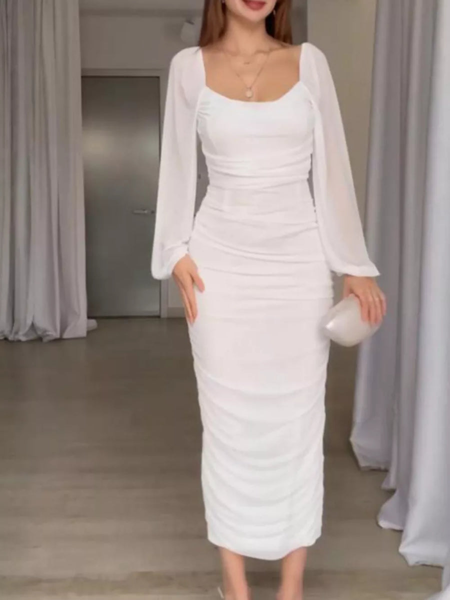 romantic midi dress in White with square neck