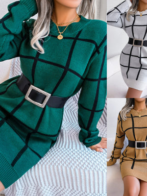 White sweater dress with ribbed cuffs and long sleeve