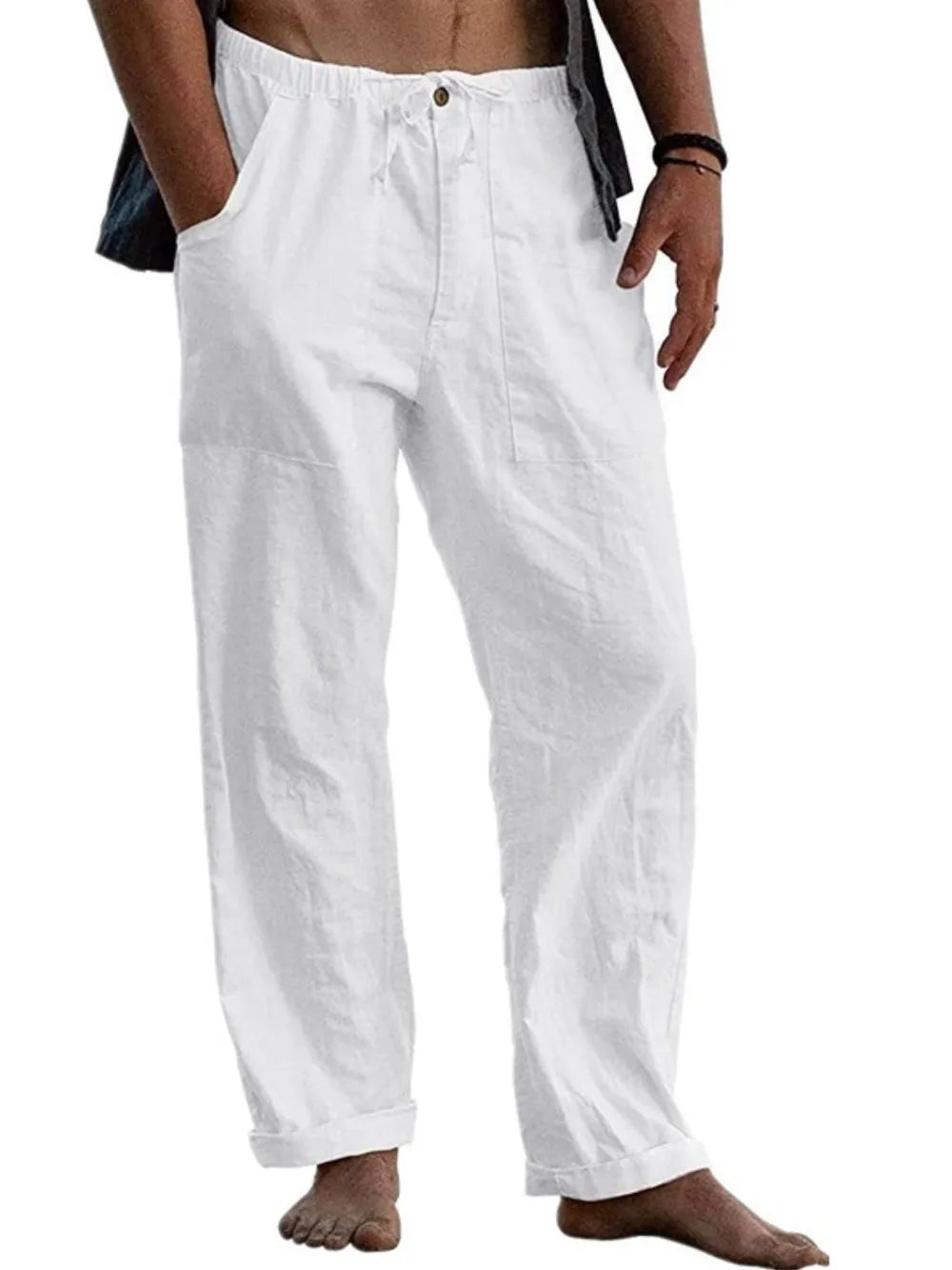 Full-size relaxed white linen drawstring trousers with pockets