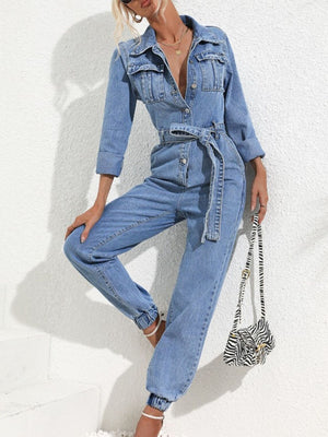 jumpsuit in light blue featuring buttoned and relaxed fit