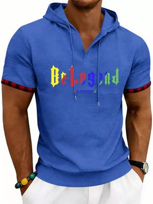Men's Full Size Letter Graphic Short Sleeve Hooded Top in Grey