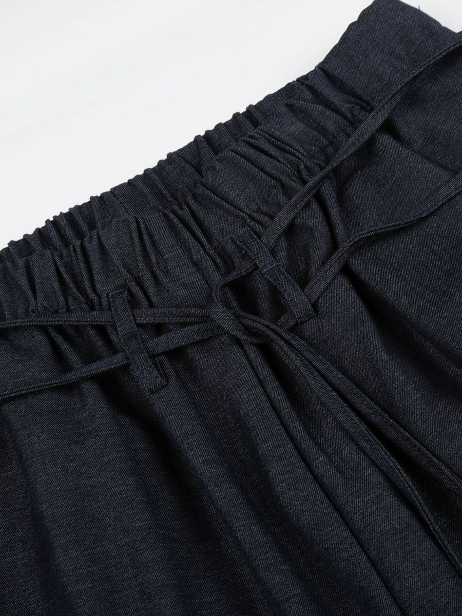 navy blue wide-leg pants with full-length and drawstring