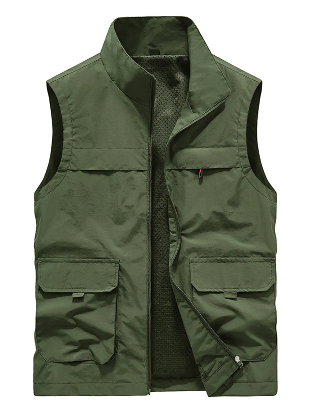 Army green utility vest for men with multiple pockets and a stand-up collar.