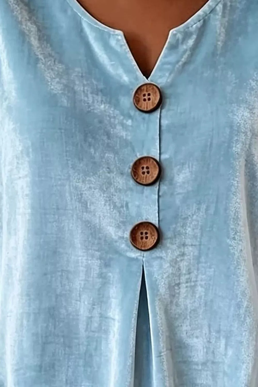 Velvet Button Decor Blouse With Ruffled Cuffs in Light Blue