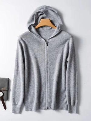 Gray cashmere hooded zip-up sweater with a full zipper closure.