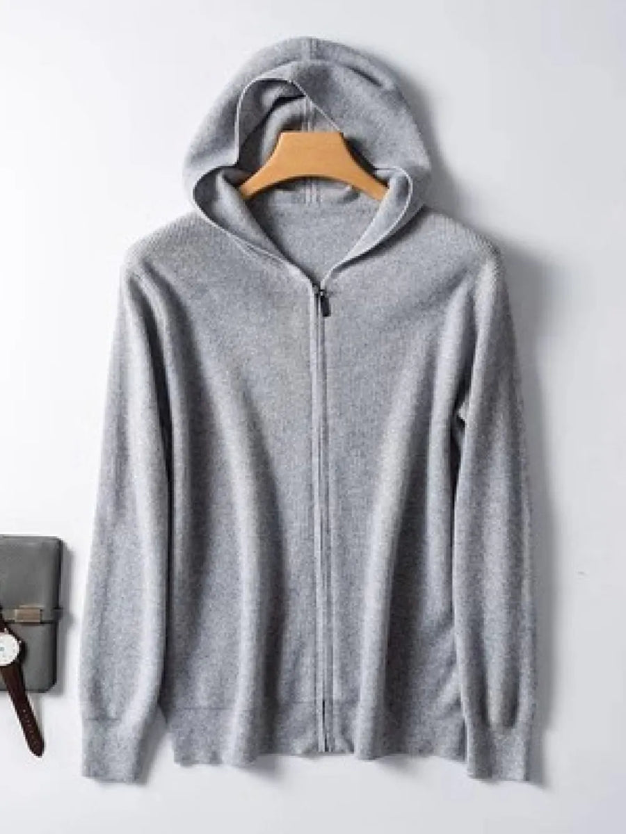 Gray cashmere hooded zip-up sweater with a full zipper closure.
