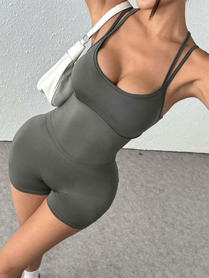 Grey scoop neck active romper with double spaghetti straps and short legs