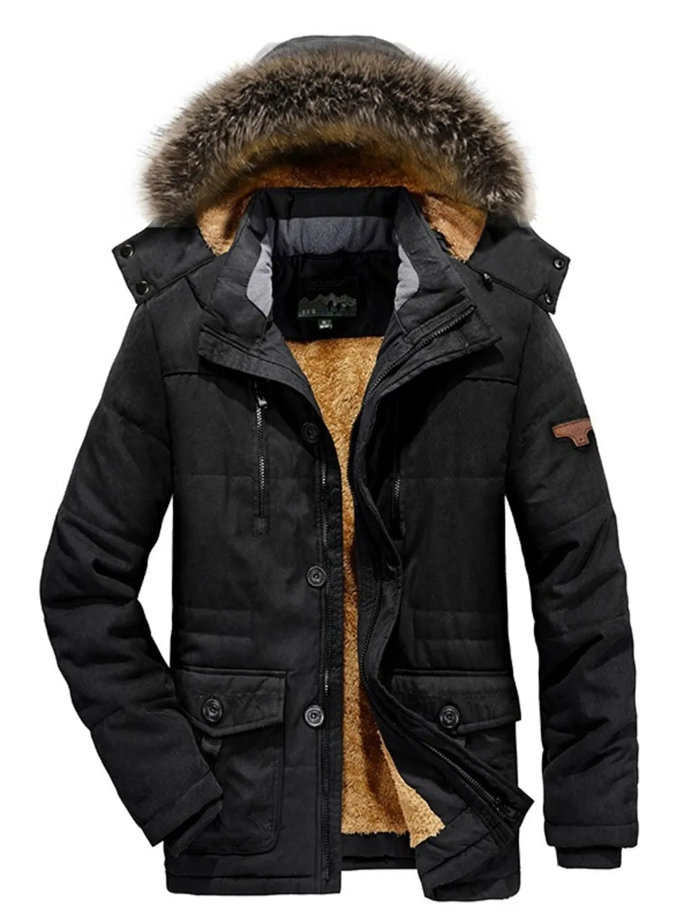 Men's black puffer coat with faux fur hood, sherpa lining, and button-down pockets.