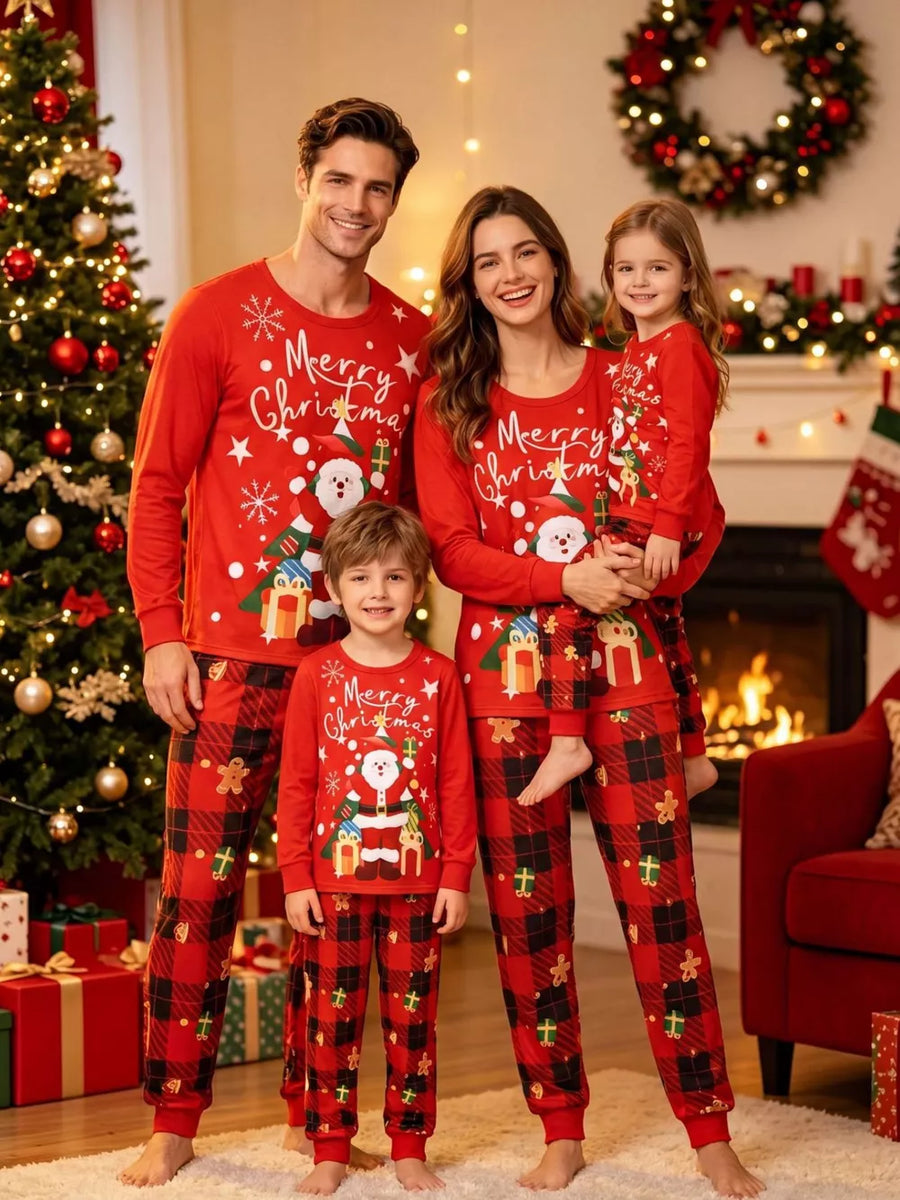red pajama set with elastic waist and long sleeve