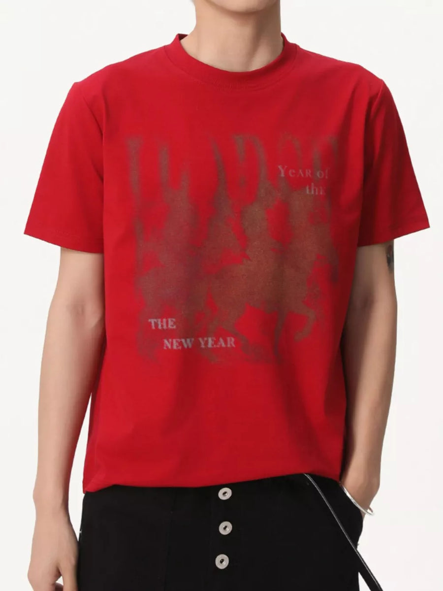Red cotton blend t-shirt with vintage graphic print and text.
